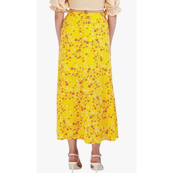 BCBGeneration Fit and Flare Elastic Waistband Midi Skirt Yellow Floral M NWT - Picture 3 of 13